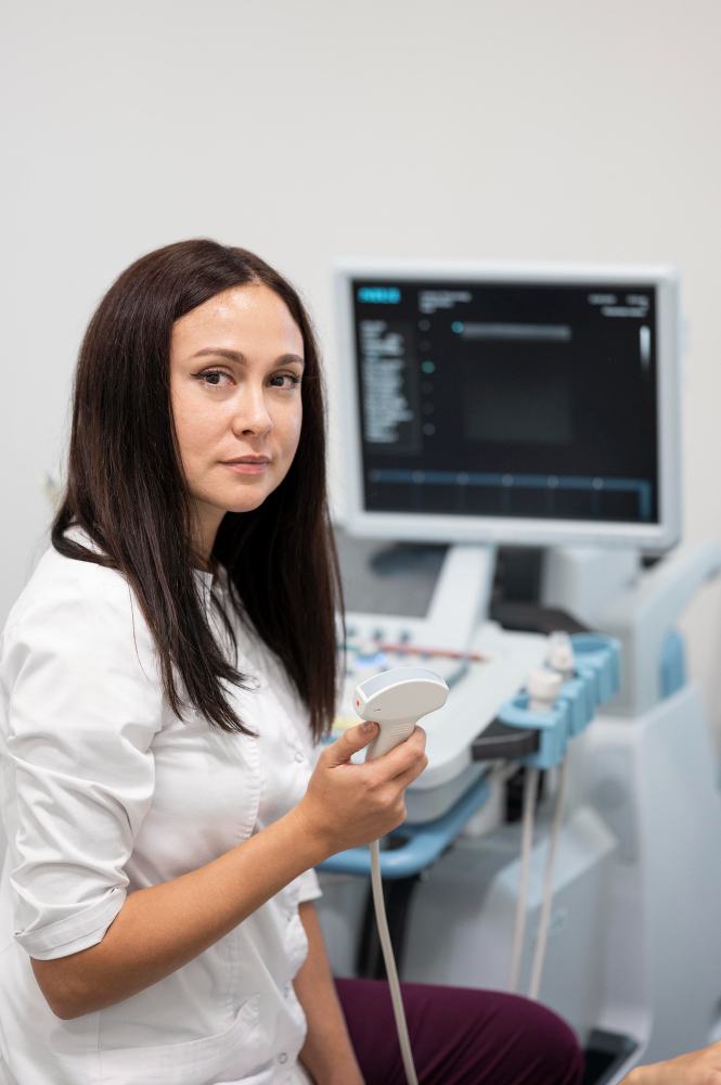 Cardiac sonographer with an echocardiography machine